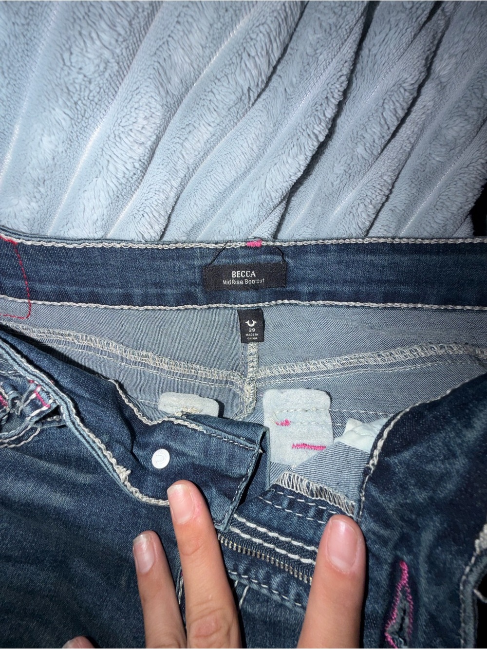 BECCA High-Rise Bootcut Jeans in Dark Blue Denim with Pink Accents